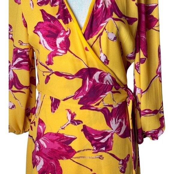 Color Me Courtney Dress Womens Small Yellow Red Floral Print Eleanor Wrap Midi - Picture 6 of 12